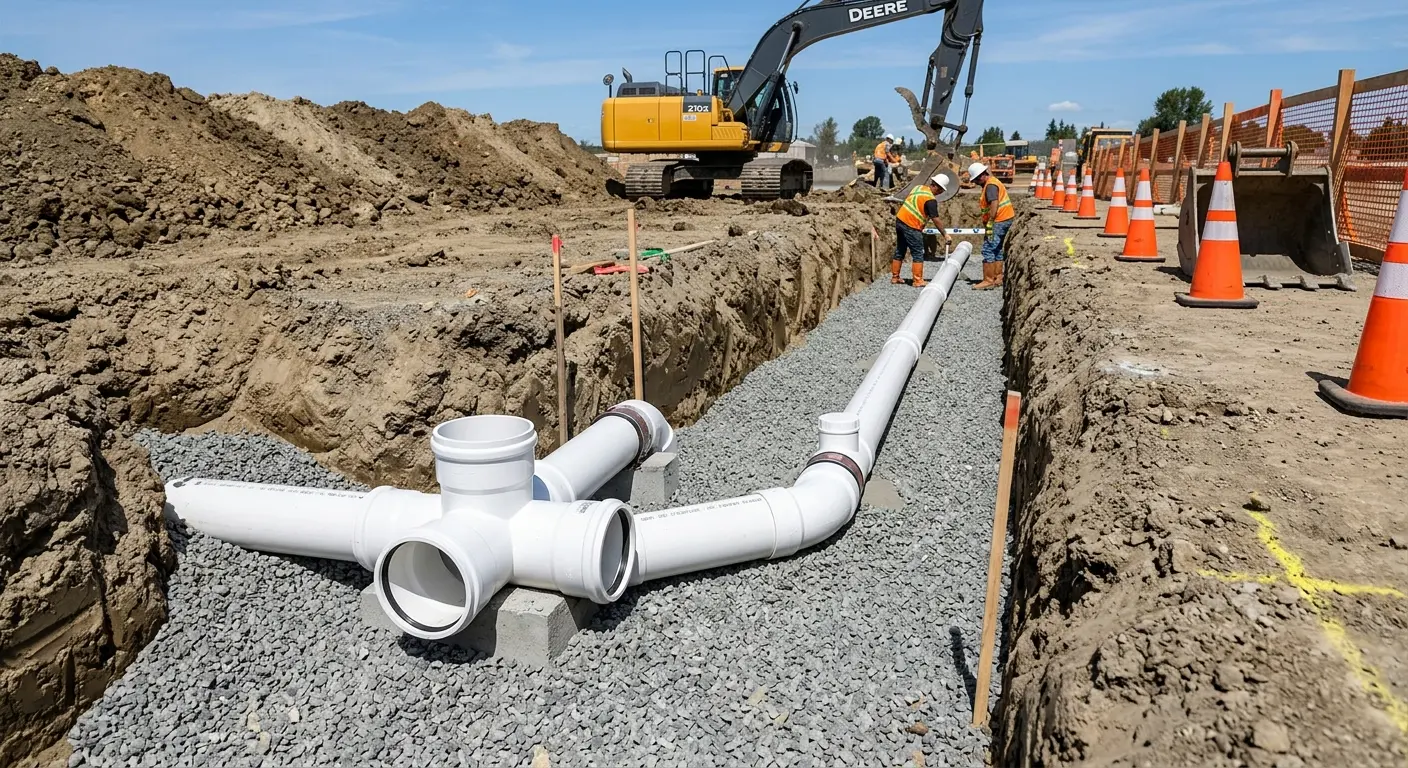New PVC sewer pipe installation in open trench for Sewer Backup in Estero