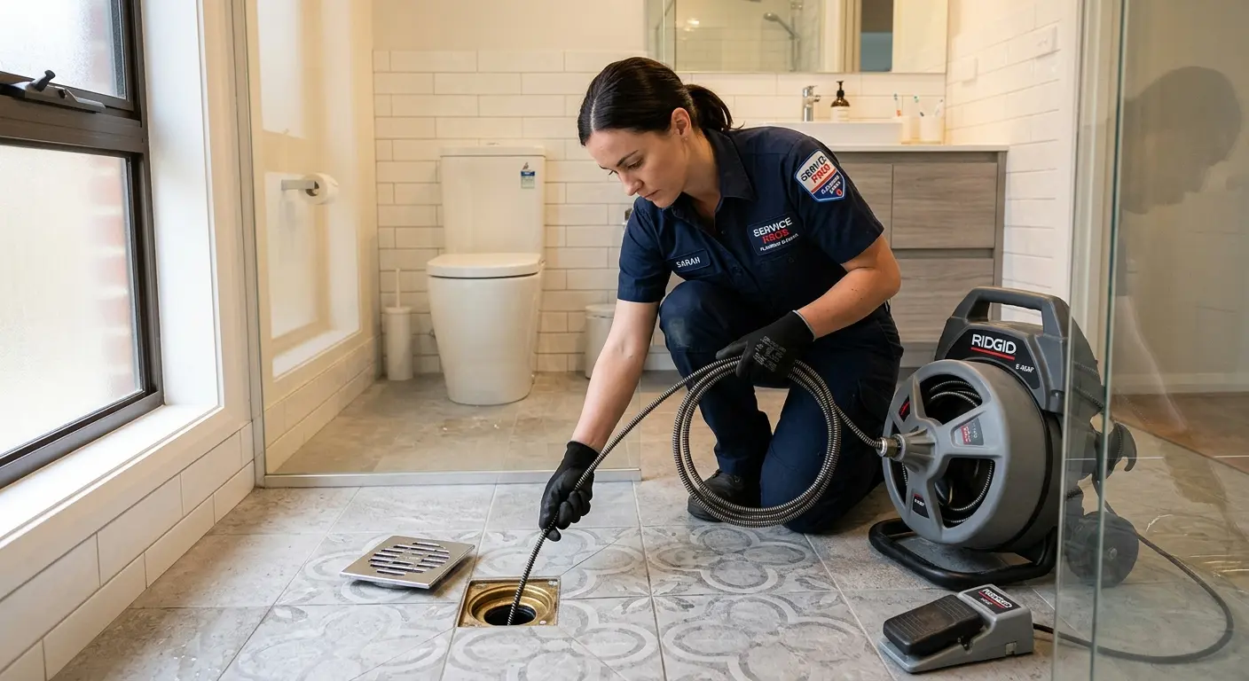 Technician clearing a bathroom floor drain for Drain Cleaning in Estero